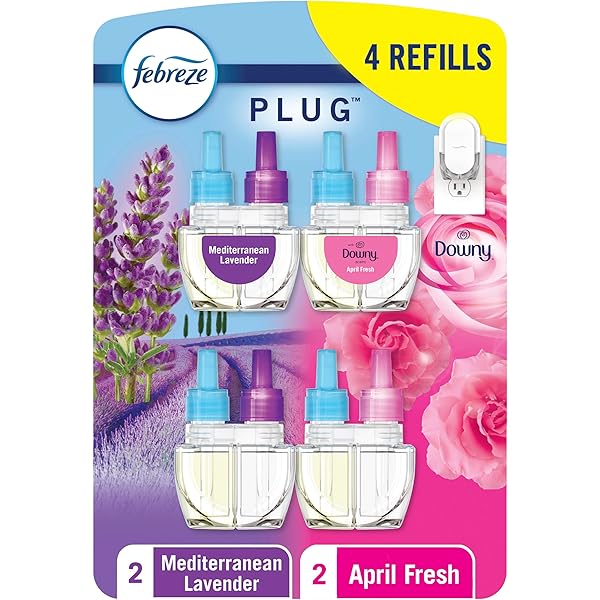 Febreze Odor-Fighting Fade Defy PLUG Air Freshener,Downy April Fresh, Mediterranean Lavender, .87 fl. oz. Oil Refills, 4 Refills (2 of Each)