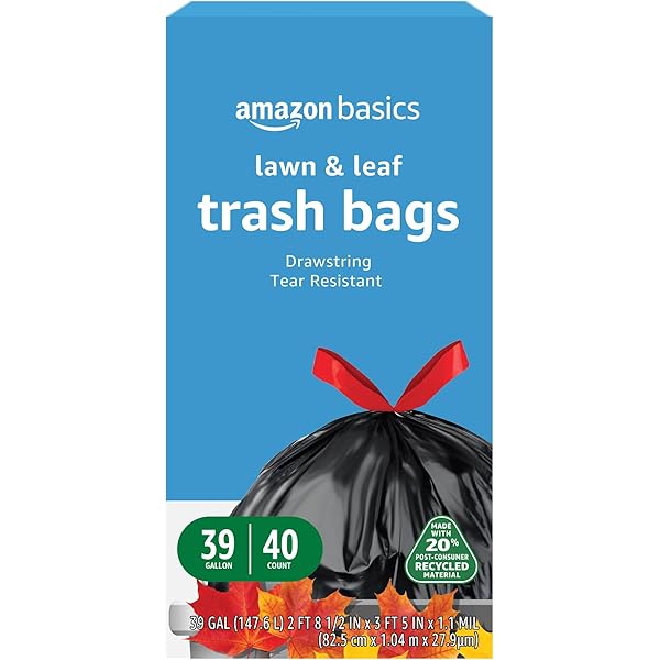 Amazon Basics 39 Gallon Lawn & Leaf Heavy Duty Drawstring Trash Bags, 20% Post Consumer Recycled, 40 Count
