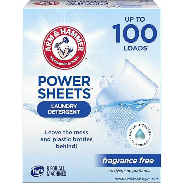 ARM & HAMMER Power Sheets Laundry Detergent, Fragrance Free, No Dyes or Perfumes, Lightweight and Travel-Friendly, 50 Count, Up to 100 Small Loads