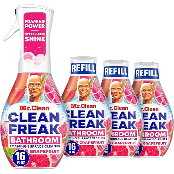 Mr. Clean Clean Freak Foaming Bathroom Surface Cleaner Multi-Surface Spray Starter Kit and Refill Bundle, Grapefruit Scent, 64 fl oz