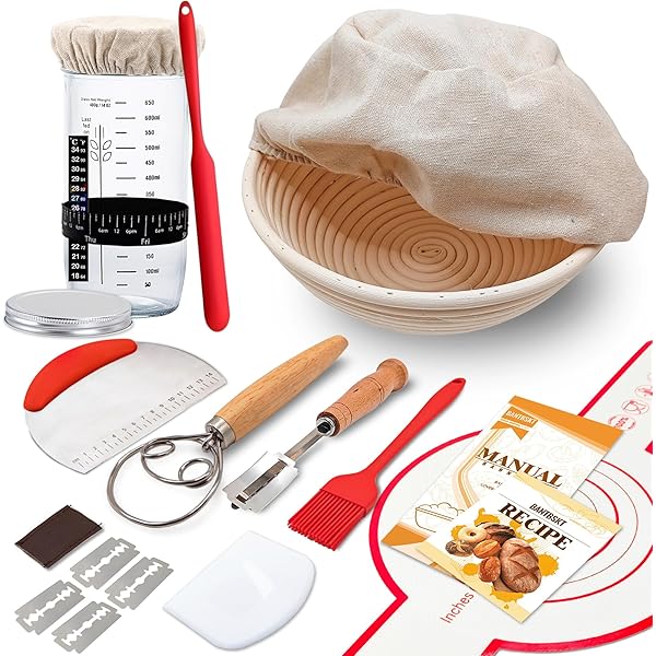 Complete Sourdough Starter Kit, Banneton Bread Proofing Basket with Glass Sourdough Starter Jar, Sourdough Bread Baking Supplies, 9'' Round Bread Proofing Basket, for Bread Making Baking Fermentation