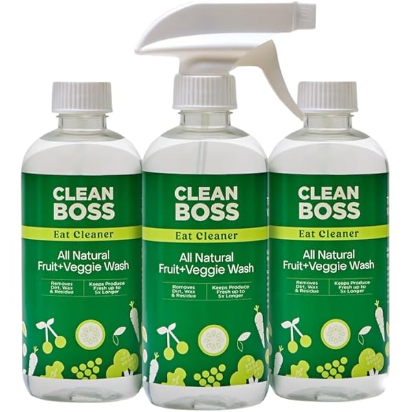 CleanBoss Eat Cleaner Triple-Action Fruit + Veggie Wash - 12 oz, Pack of 3 - Removes Harmful Residue - Keeps Produce Fresh Up to 5X Longer - Includes One Trigger - Vegan, Gluten Free - Improved Nozzle