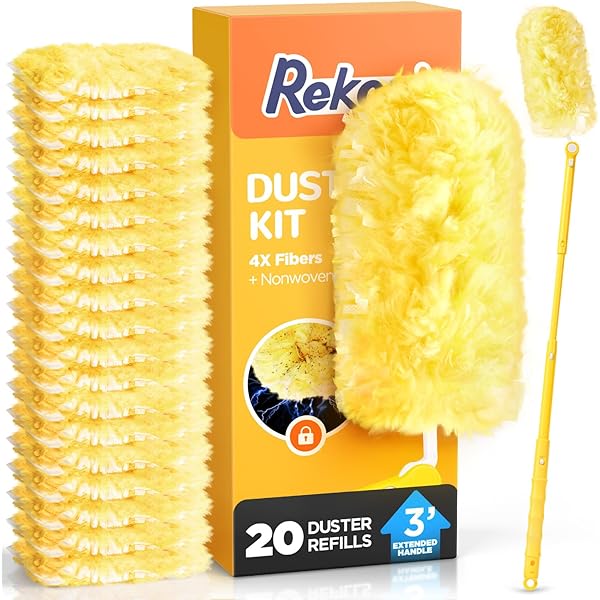 Heavy Duty Duster Refill Kit for Swiffer Duster with 3 ft Extension Pole & 20 Count Refills, 4X Microfibers Multisurface Dusters for Cleaning Home, Celling Fan, Blinds, Vent & Shelves