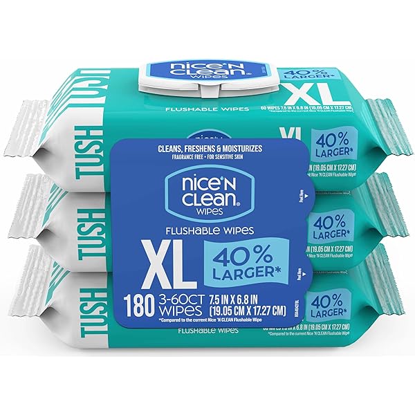 Nice 'N CLEAN Extra Large Flushable Wipes | 40% Larger Wipes | 6.8" x 7.5" Unscented XL Adult Wet Wipes | Septic and Sewer Safe | Fragrance Free, Hypoallergenic, Plant Based | 180 Butt Wipes