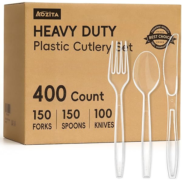 400 Count Heavy Duty Plastic Silverware, BPA-Free, Clear Plastic Cutlery Set, Premium Disposable Utensils for Party Everyday Use, 150 Forks, 150 Spoons and 100 Knives