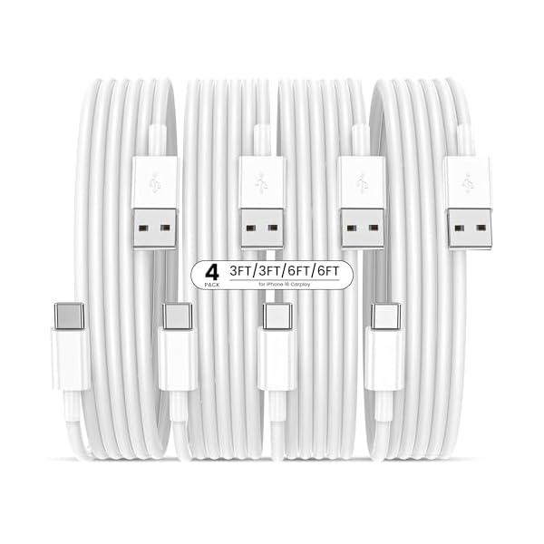 USB to USB C Cable with CarPlay, [4-Pack, 3FT&6FT] USBA to Type C Fast Charging Cords for iPhone 17/17 pro/17 pro max/17 air/16/16 Plus/16 Pro/16 Pro Max/16e/15,Pixel,Galaxy,Note