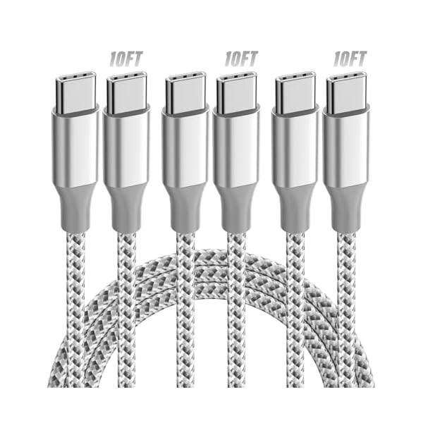 KYEHD USB C Cable，3 Pack 10FT 60W Fast Charging USB C to USB C Cable, Durable Type C Charger Cable for iPhone 17/16/15/iPad MacBook CarPlay and More-Grey White