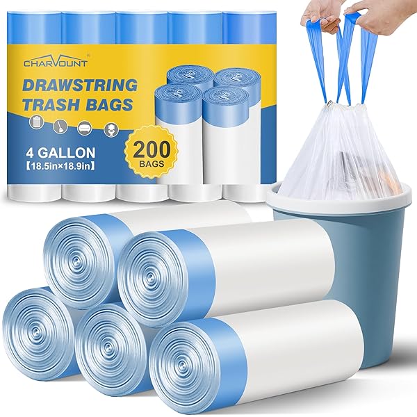 Charmount Small Trash Bags 4 Gallon, 200 Count Drawstring Mini Garbage Bags, Plastic Trash Can Liners for Bathroom Accessories, Bedroom, Dorm Room Essentials, Office