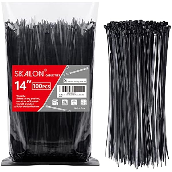 Zip Ties 14 inch (100 Pack), Black, 50lb Tensile Strength, UV Resistant Cable Ties for indoor and outdoor by SKALON