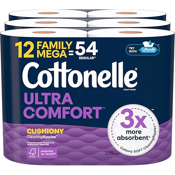 Cottonelle Ultra Comfort Toilet Paper with Cushiony CleaningRipples Texture, 12 Family Mega Rolls = 54 Regular Rolls