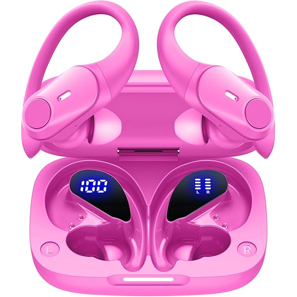 GOLREX Active Noise Cancelling Ear Buds Wireless Earbuds Bluetooth Headphones with 80H Playtime LED Display Wireless Charging Case, Over-Ear Hooks Earbud for Sports Running Gym Workout Magenta