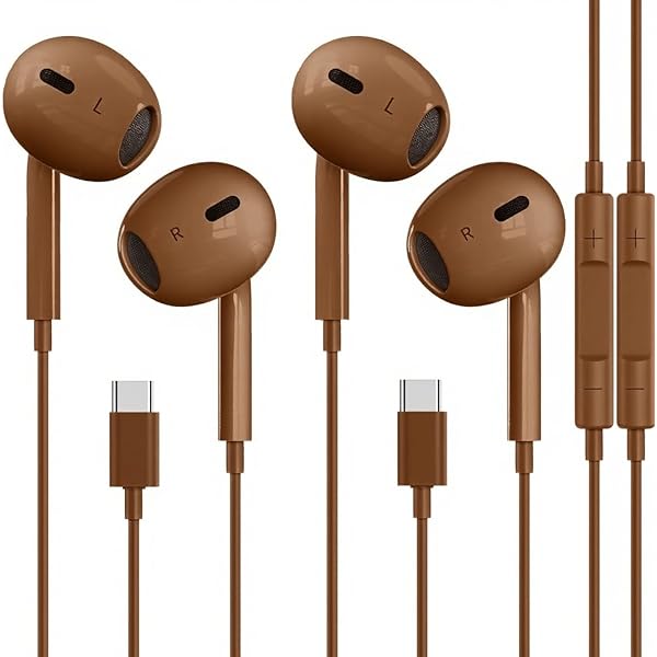 2 Pack USB C Headphones for Type C Earbuds Wired Earbuds with Microphone & Remote Control Noise Cancelling Earphones, Compatible with Most USB C Jack Devices,Brown