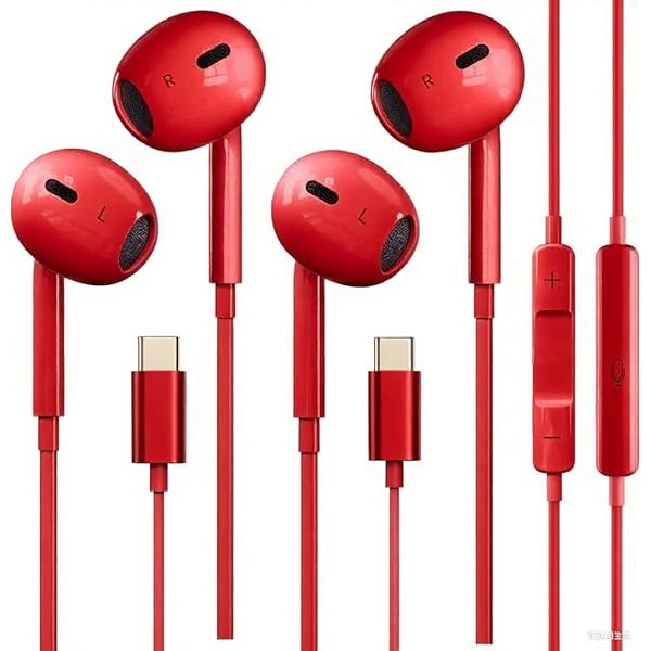 2 Pack USB C Headphones, Type C Earbuds Wired in-Ear Earphones with Mic & Volume Control Compatible with Most USB-C Jack Device-red