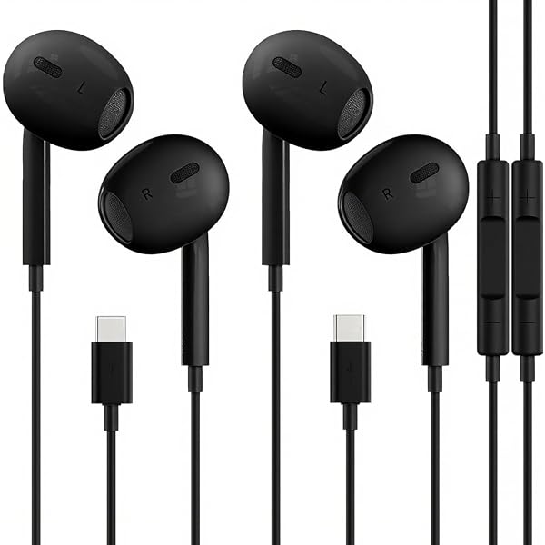 2 Packs USB C Headphones for Phone 16/15 Earbuds with Microphone & Volume Control HiFi Stereo Type C Earphones for Galaxy S23/S22/S21/S20/Ultra Note 10/20, for Pad Pro Pixel 7 OnePlus 9 8-Black
