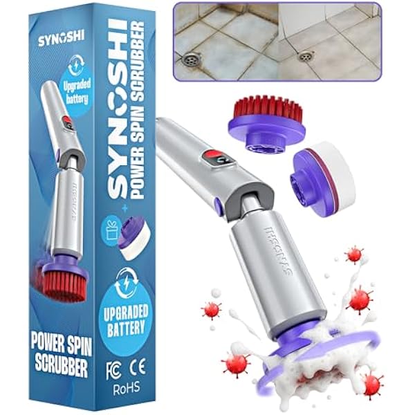 SYNOSHI PRO Electric Spin Scrubber, Cordless Cleaning Brush Bathroom Scrubber. Waterproof Shower Cleaner Brush with Adjustable Angles, 2 Speed, 180Min Work Time for Floor, Bathtub, Kitchen, Car, Tub