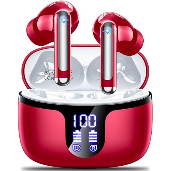 S48 wireless earbuds red Headphones bluetooth 5.4 42h Duration Playback for running/fitness/office use. Equipped with 4 noise cancelling microphones, IPX7 waterproof and LDE battery display screen