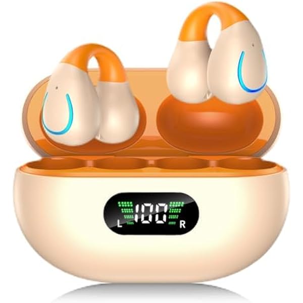 Open Ear Clip Wireless Earbuds Bluetooth 5.3, Sports Earphones Built-in Microphone with Earhooks & Ear Hook, Wireless Charging Case & Display, Waterproof Fitness Headphones for Running