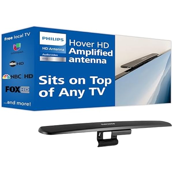Philips Hover Amplified HD Digital TV Antenna, Long Range Smart TV Antenna, Easy Mount on Top of TV Design, Supports 4K 1080P HD VHF UHF, Signal Booster, Coax HDTV Cable/AC Adapter, SDV7219N/27