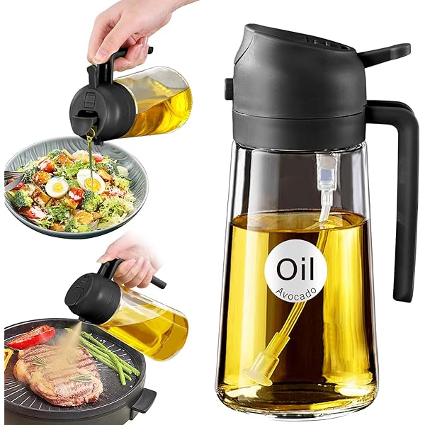 YARRAMATE 16oz/470ml Glass Olive Oil Sprayer for Cooking with Stickers, 2 in 1 Oil Dispenser for Kitchen Gadgets, Food Grade Premium Spray Bottle with Portion Control for Salad, Frying, BBQ (Black)