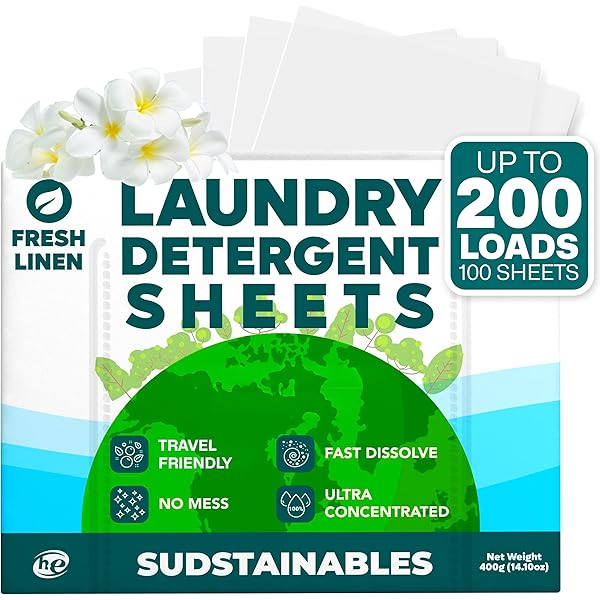 Sudstainables Laundry Detergent Sheets 200 Loads – Dissolvable Laundry Sheet for Washing Machines, Compact Alternative to Liquid & Powder Detergent, Travel-Friendly Soap | Fresh Linen