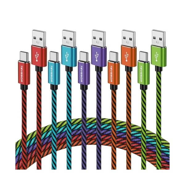 Teyssor USB C Cable 10FT 5-Pack Nylon Braided USB A to Type C Charger Cable Fast Charging Cord Compatible with Samsung Galaxy S24 S23 S22, Note 20 10 9 8, Moto G7 G8 Type C Cable