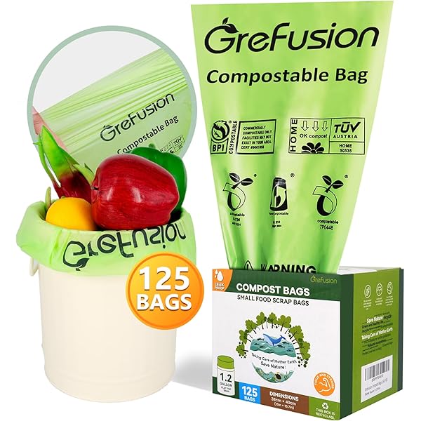 GreFusion Compostable Bags for Kitchen Compost Bin, 1.2 Gallon, 125 Count, Certified by BPI and ASTM, Leakproof and Odor Control