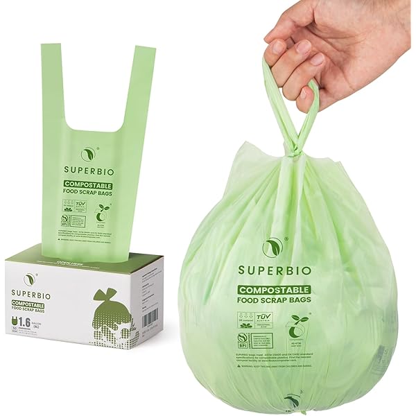 SUPERBIO 1.6 Gallon Handle Tie Compostable Food Scrap Bags For Counter Top Compost Bin, Small Compost Bags, 50 Count, 6 Liter, BPI & OK compost INDUSTRIAL Certified
