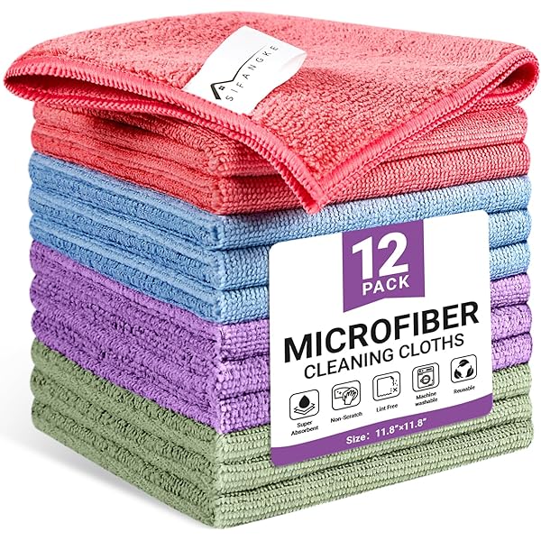 Microfiber Cleaning Cloth, 12 Pack Assorted Color Cleaning Rags for Housekeeping, Colorful Reusable Microfiber Towels for Car, Kitchen, Bathroom and Household Cleaning Supplies, 11.8"X11.8"