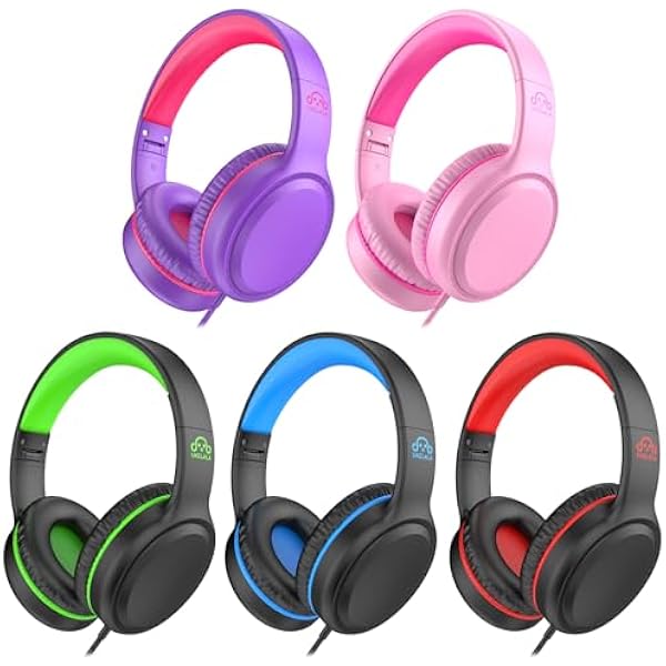 5Pack Bulk Wired Headphones for Kids Stereo Lightweight Youth Headphones with 4.9 ft NO-Tangle Cord & 3.5mm Jack Compatible with chromebooks PC Phone for School Green Blue Red Pink Purple