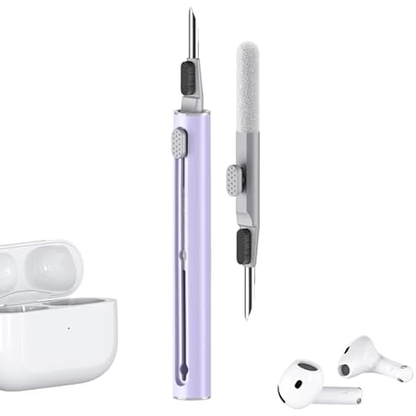 【1 Pack】 Cleaner Kit for Airpods 4 Case,Cleaning Kit Pen Shape with Soft Brush Flocking Sponge Tool for Bluetooth Earphones Headphones Charging Case,Phone,Camera and Computer(Purple)