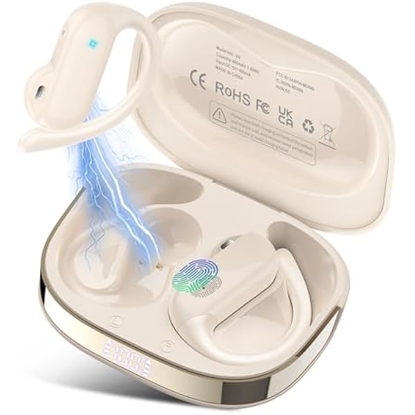 Open Ear Earbuds, Bluetooth 5.4 Wireless Earbuds with Ear Hooks, 32H HiFi Stereo Open Ear Headphones with Clear Calls, IPX7 Lightweight Air Conduction Headphones for Workouts and Running, Bee White