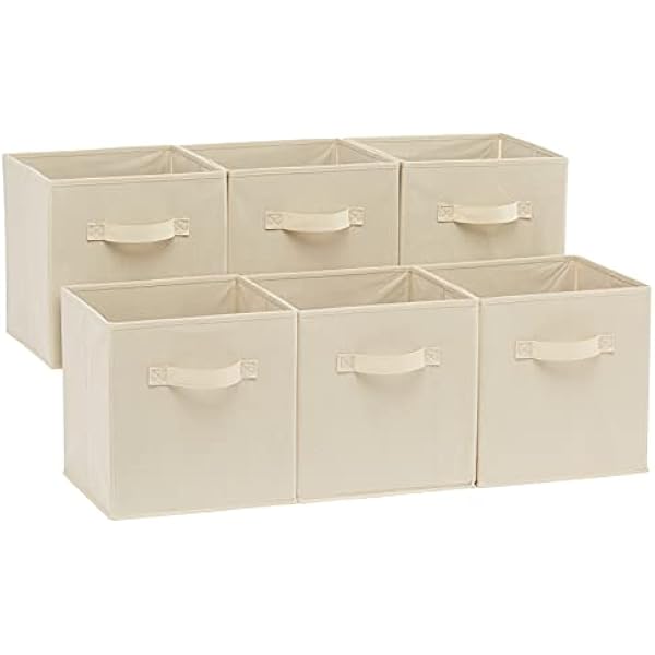 Amazon Basics Collapsible Fabric Storage Cubes Organizer with Handles, Sturdy, Beige, 10.5-x-10.5-x-11-inch, Pack of 6
