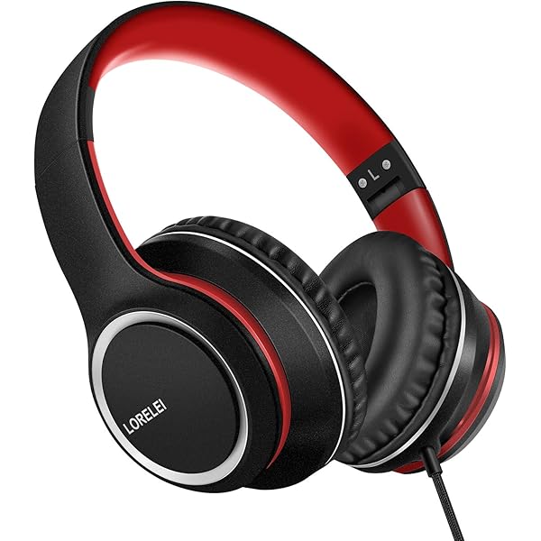 LORELEI X8 Over-Ear Wired Headphones with Microphone with 1.45m-Tangle-Free Nylon Line&3.5mm Plug,Lightweight Foldable & Portable Headphones for Smartphone,Tablet,Computer,Mp3/4(Black-red)