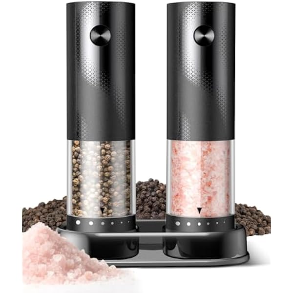 Electric Salt and Pepper Grinder Set - Rechargeable Automatic Salt and Pepper Shakers, Kitchen Appliances with External Adjustable Coarseness, Larger Hopper for Cooking, Home Gifts(2 Pack,Black/Black)