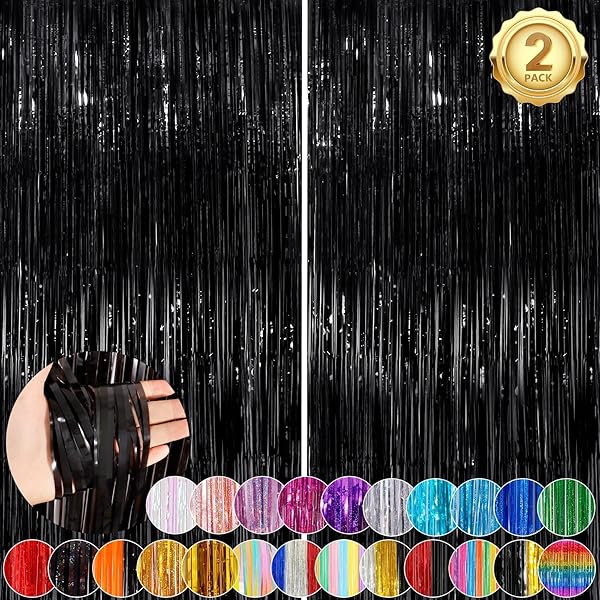 Black Fringe Curtain Party Streamers 2Pack 3.3x8.3 Ft Foil Fringe Backdrop Curtains for Birthday Wedding Bridal Baby Shower Halloween Decor Tinsel Streamers Black Party Decorations Door Streamers