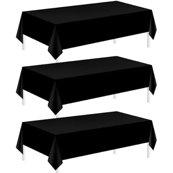 Childom 3 Pack Plastic Tablecloths for Rectangle Tables 54" x 108" Black Disposable Table Cloths for 6 to 8 Foot Tables Indoor or Outdoor Parties Birthday Wedding Christmas Anniversary Buffet Table