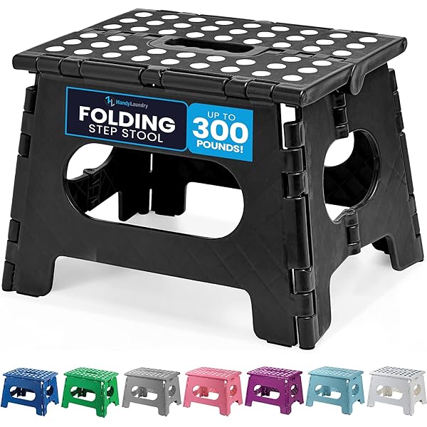 Handy Laundry Folding Step Stool - Sturdy Enough Collapsible Stool to Support Adults and Safe Enough for Kids - Opens Easy with One Flip - Great for Kitchen, Bathroom or Bedroom (Black - 9 Inch)