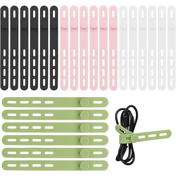 Donruby 24Pcs Silicone Cable Ties - Reusable & Washable with Locking Buckle Design, Adjustable Fastening Cable Straps, Multi-Purpose High Elasticity Cord Organizer (4 Colors)