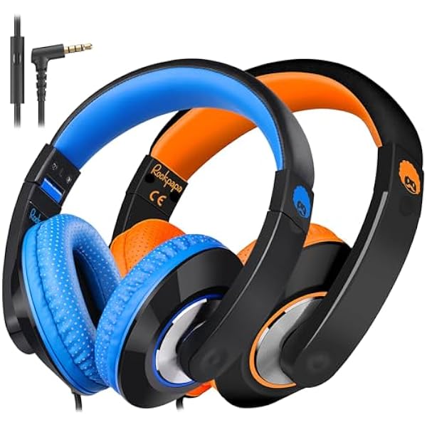 rockpapa Comfort+ Kids Headphones with Microphone, Boys Girls Student Over-Ear Headphones Wired for School Classroom Laptop PC Computer Tablet Black/Blue+Black/Orange