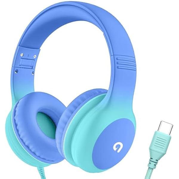 Wired Kids Headphones with USB C Plug, 85dB Volume Limiting Safe Hearing Protection, Adjustable Headband, Tangle-Free Cord Headphones for School, Tablet, Travel(Gradient Blue)