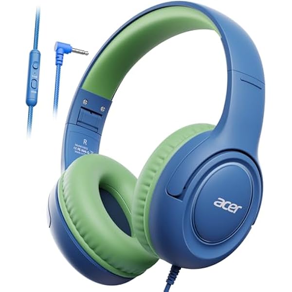 Kids Headphones Wired for School - Over-Ear 85/94dB Volume Limiter, 3.5mm Jack Foldable Stereo Sound Headset for Toddlers Girls Boys Travel Learning Entertainment Tablet Kindle iPad PC Blue Green