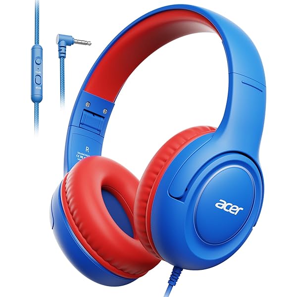 acer Kids Headphones Wired for School - Over-Ear 85/94dB Volume Limiter, 3.5mm Jack Foldable Stereo Sound Headset for Toddlers Girls Boys Travel Learning Entertainment Tablet Kindle iPad PC,Blue Red