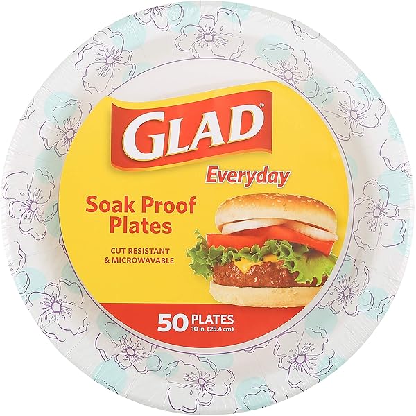 Glad Round Disposable Paper Plates, Blue Flower Pattern - Strong, Sturdy, Soak Proof, and Microwavable Decorative Plates for Dinner and Everyday Use, 10 Inch, 50 Count