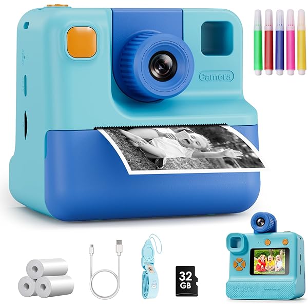 Kids Camera Instant Print, Christmas Birthday Gifts for Girl Boys 3-12 Years Old, FHD Selfie Digital Video Cameras Toddler 3 Rolls Print Paper & 32G Card (Blue)