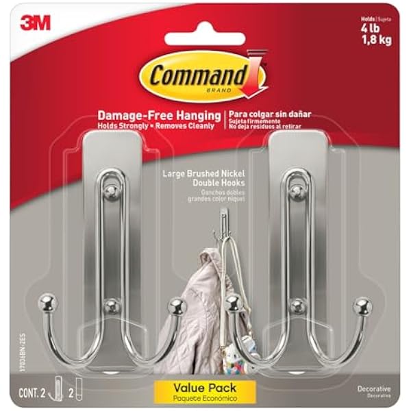 Command Large Brushed Nickel Double Hooks, 2 Hooks and 2 Command Strips, Damage-Free Hanging Wall Hooks with Adhesive Strips, No Tools Coat Hooks for Hanging Home Decor, Holds up to 4 lb