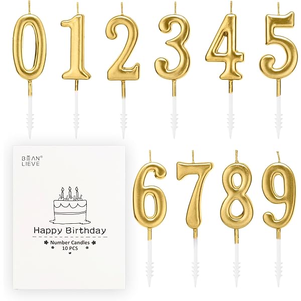 Beanlieve 10-Pieces Numeral Birthday Candles - Cake Numeric Candles Number 0 1 2 3 4 5 6 7 8 9,Used for Cake Decoration on Birthday Parties and Wedding Anniversary Celebrations(Champagne Gold)