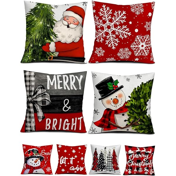 Christmas Decorations Set of 4 Double-Sided Print Christmas Pillow Covers 18" x 18", with 8 Cute Patterns, Throw Pillow Covers Perfect for Home Christmas Decor