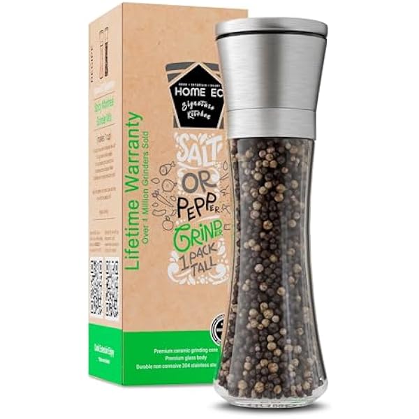 HOME EC Original Stainless Steel Salt or Pepper Grinder 1pk - Adjustable Ceramic Sea Salt Grinder or Pepper Mill - Tall Glass Spice Shaker - Spice Mill w/EBook