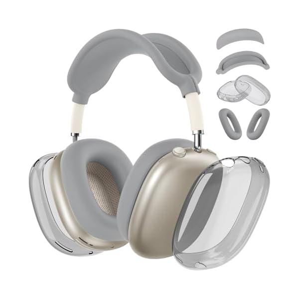 [4 in 1] Silicone Case Cover for AirPods Max Headphones,Clear Soft TPU Ear Cups Cover/Ear Pad Case Cover/Headband Cover for AirPods Max (2024/2020),Transparent Accessories for AirPod Max (USB-C), Gray