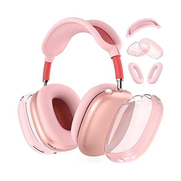 Silicone Case Cover for AirPods Max Headphones, Clear Soft TPU Ear Cups Cover/Ear Pad Case Cover/Headband Cover for AirPods Max (2024/2020), Transparent Accessories for Apple AirPods Max (USB-C), Pink